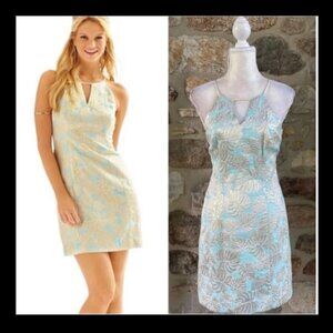 Lilly Pulitzer Pearl Shift Dress in Breakwater Blue Palm Jacquard with Gold